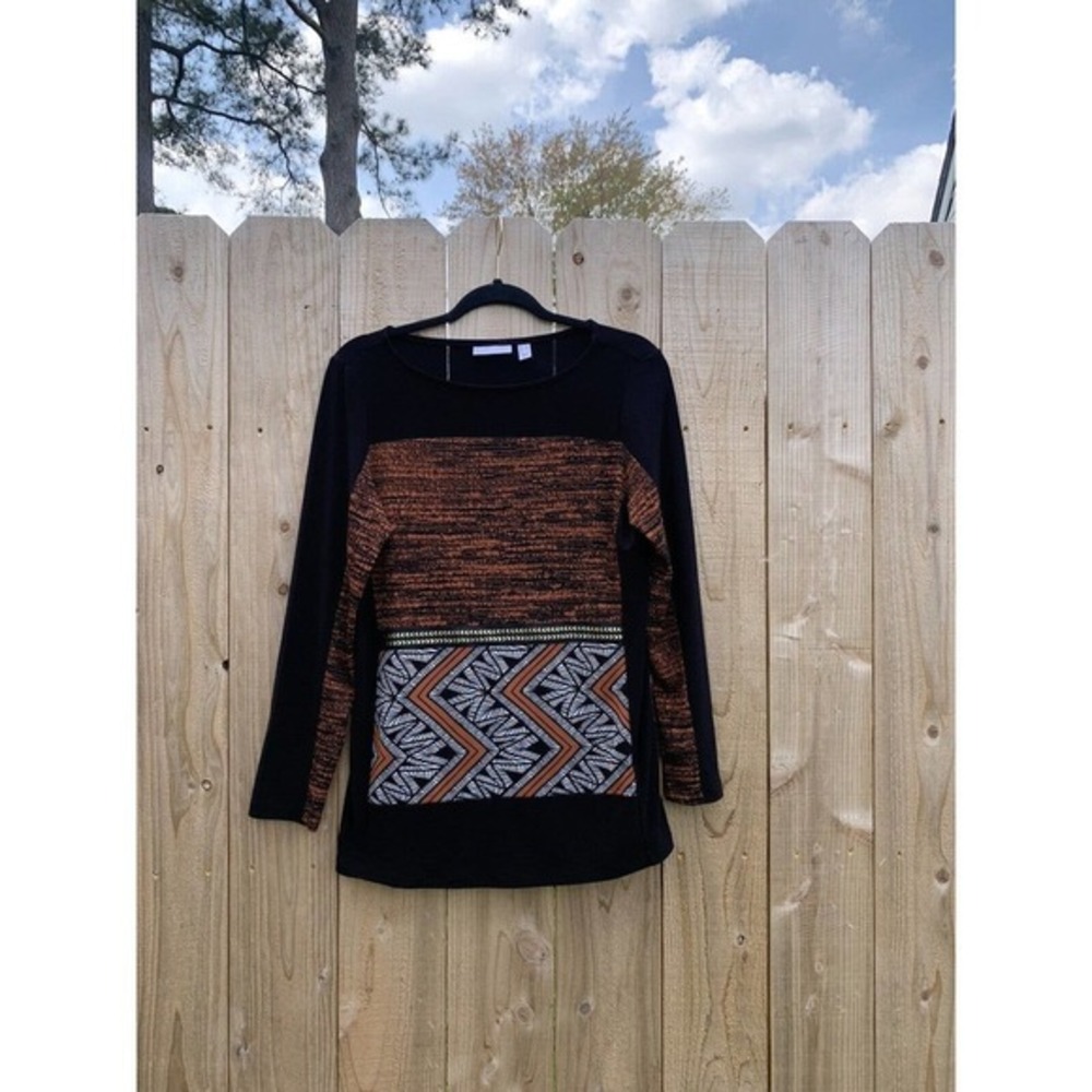 Susan Graver Longsleeve Black/Rust/Cream Print Womens‎ Shirt Sz Xs geometric